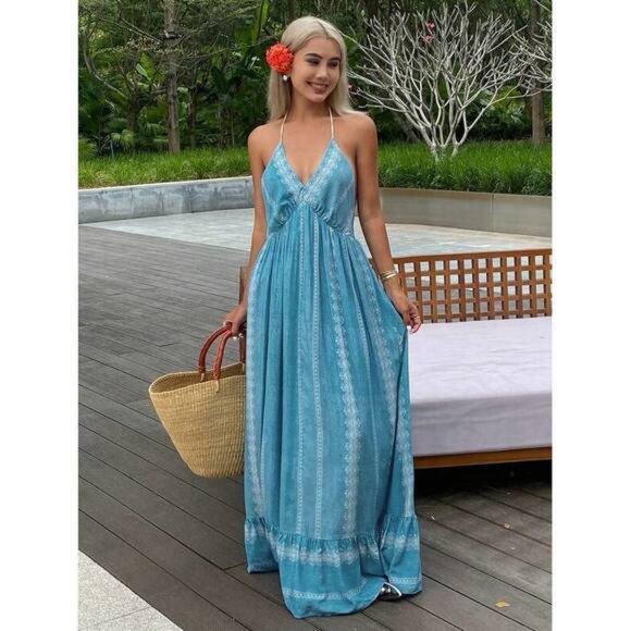 New Floral Print Spaghetti Strap Backless Ruffled Dress For Women, Summer Resor - Picture 4 of 7